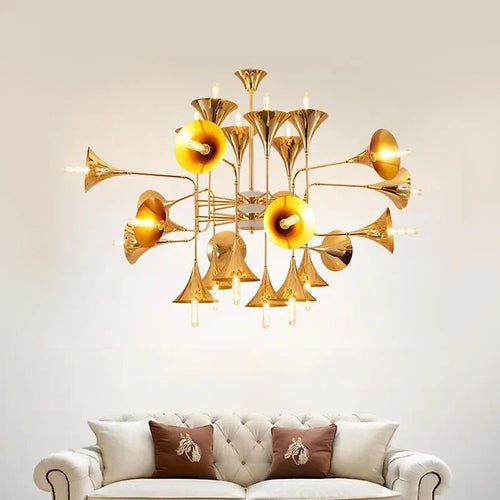 lustre trompette dorée à plusieurs têtes design moderne - vue 2 sur 10