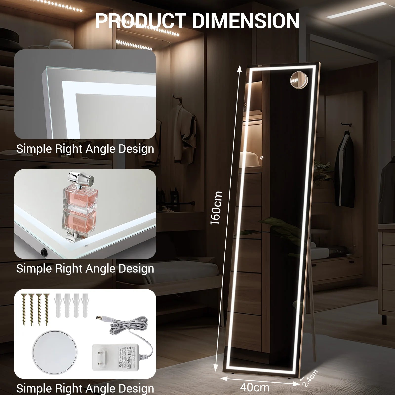 miroir led pleine longueur inclinable avec support et lumière réglable - vue 6 sur 7