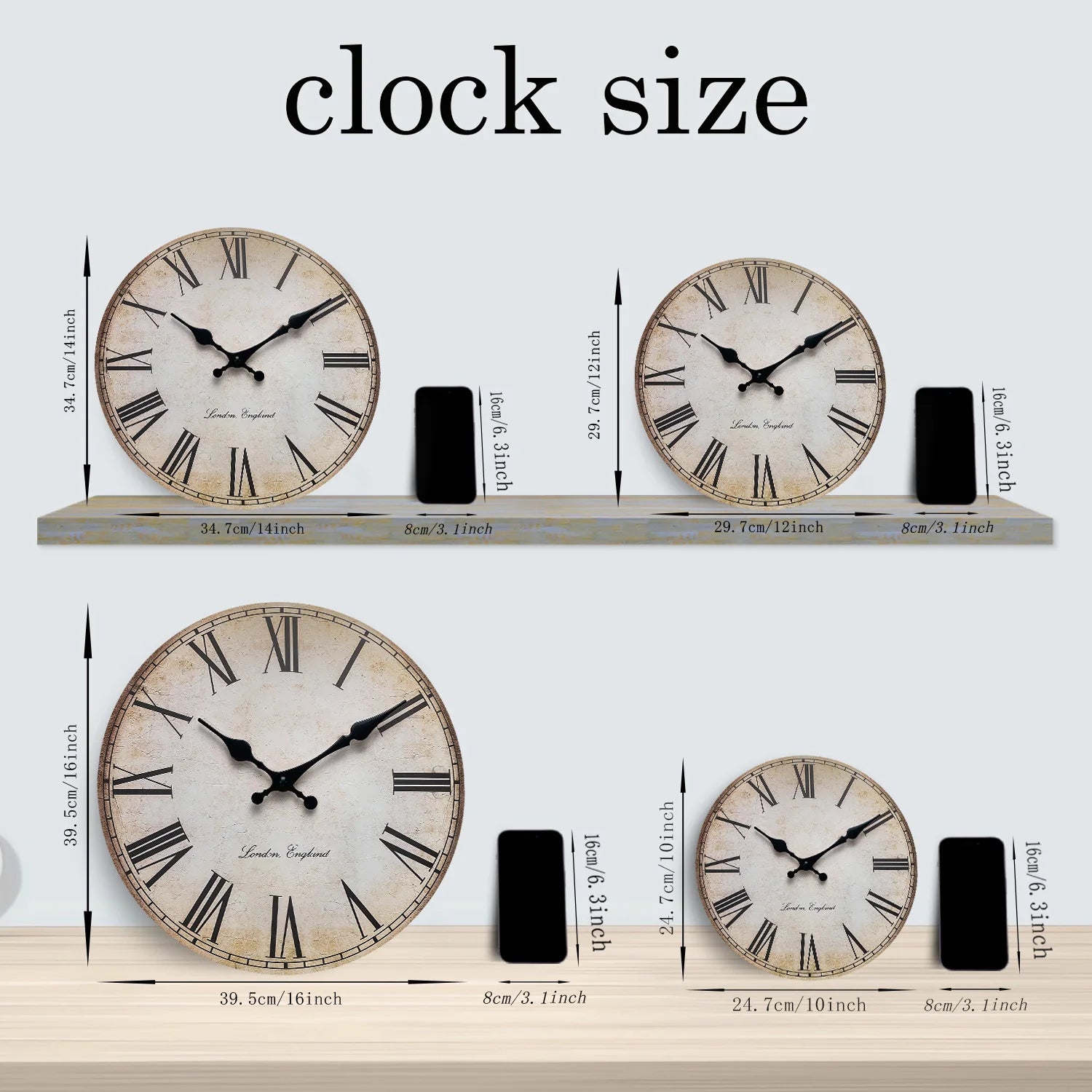 horloge murale en bois rétro avec chiffres romains décorative et silencieuse - vue 3 sur 7