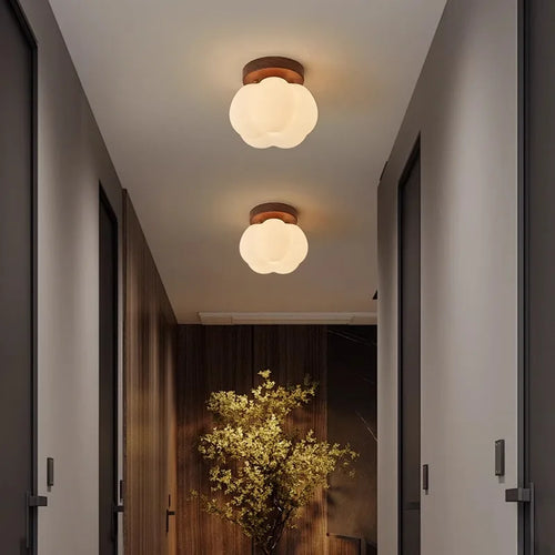 Walnut Wood Roll Molded Pumpkin, Wabi Sabi Modern, Flush Ceiling light fixture for Entrance Hall, Corridor, Balcony, Entrance - vue 3 sur 10