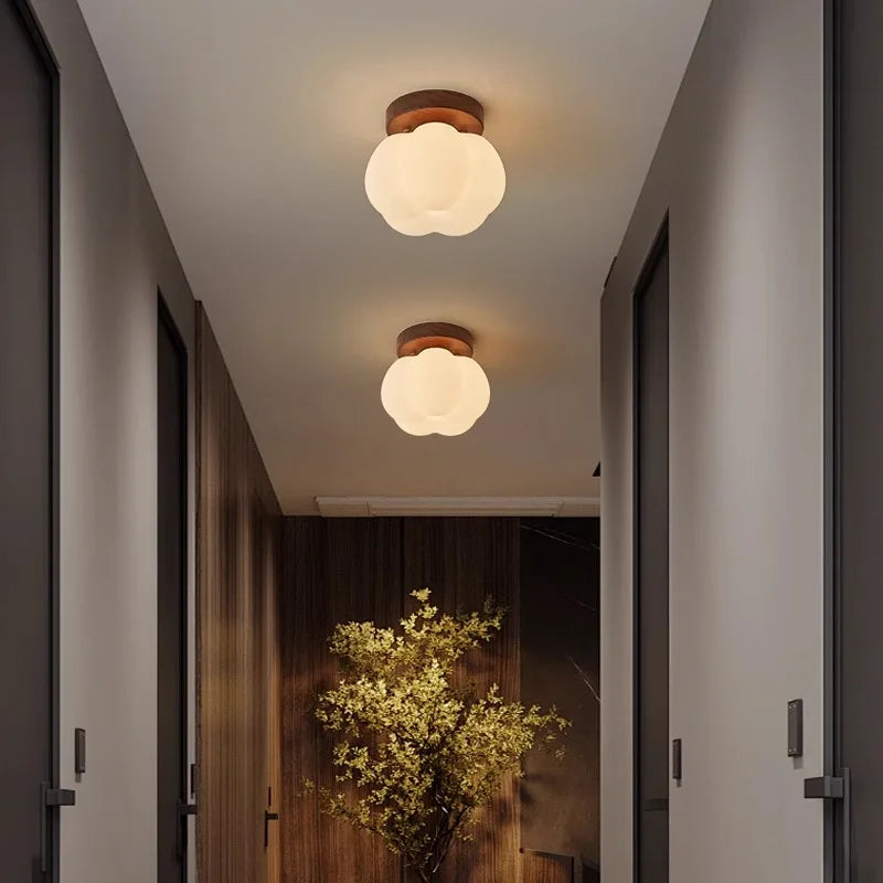 Walnut Wood Roll Molded Pumpkin, Wabi Sabi Modern, Flush Ceiling light fixture for Entrance Hall, Corridor, Balcony, Entrance - vue 2 sur 10