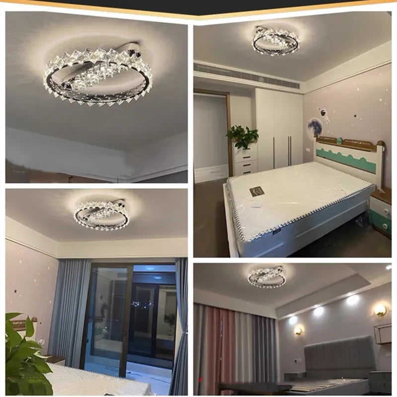lustre moderne en acier inoxydable chrome avec éclairage en cristal - vue 4 sur 10
