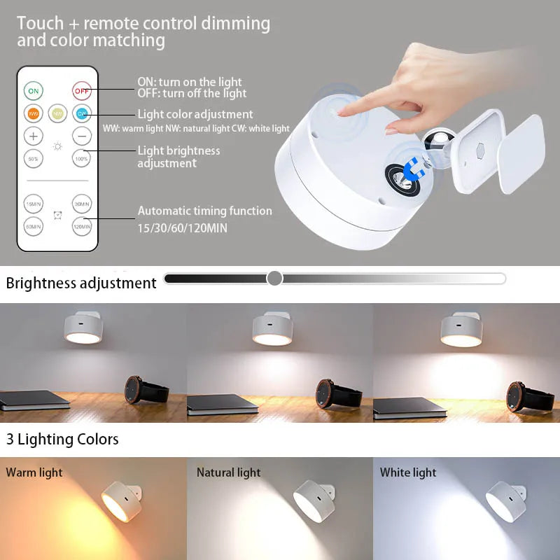 applique murale led rechargeable avec télécommande tactile rotative à 360° - vue 3 sur 7