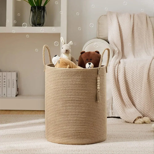 grand panier à linge tissé avec poignées en coton pliable - vue 10 sur 10