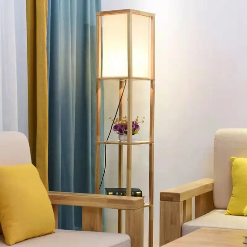 lampadaire LED étagère de rangement Nordic tissu bois massif lampe sur pied pour salon chambre bibliothèque fleur support interrupteur à tirer - vue 3 sur 7