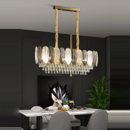lustre suspendu led art déco en cristal et plumes blanches et grises - vue 7 sur 17