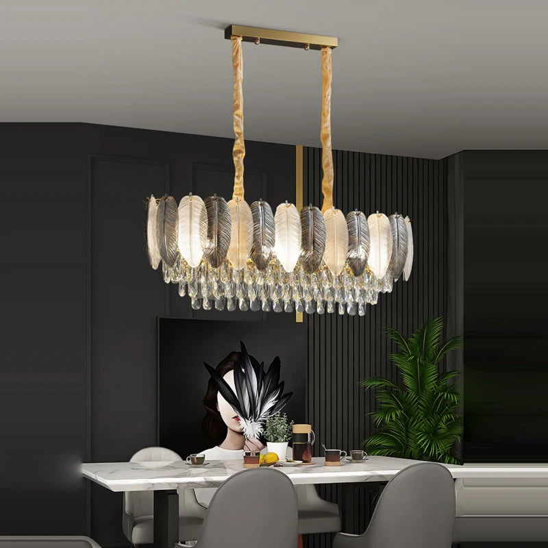 lustre suspendu led art déco avec plumes blanches et grises - vue 6 sur 17