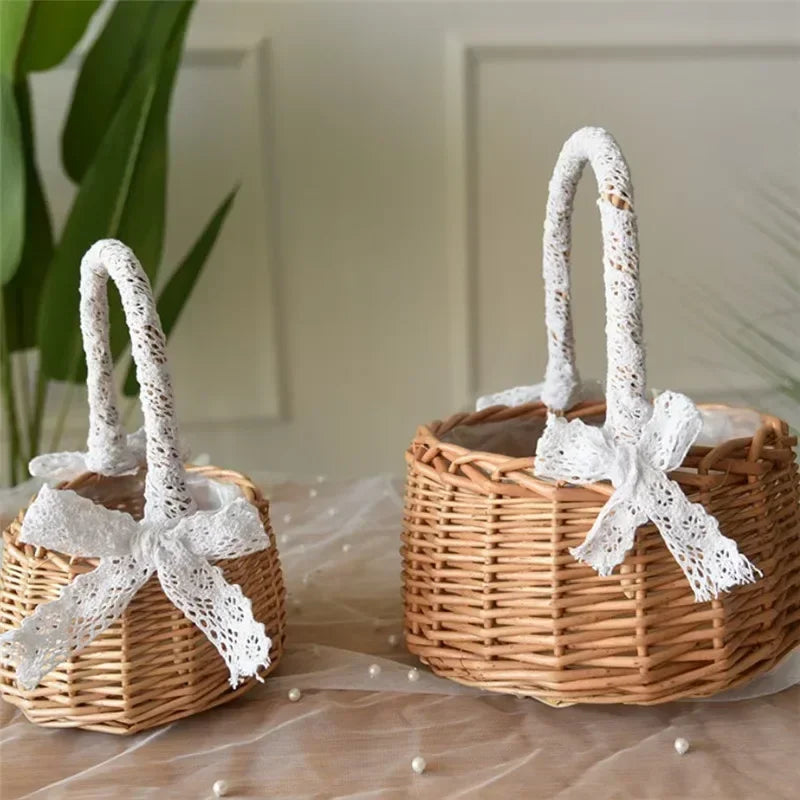 panier en rotin naturel tissé à la main pour mariage décoratif avec dentelle - vue 6 sur 7