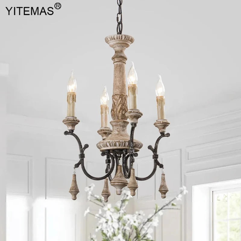 Lustre en bois rétro 4 lumières dans l'entrée chambre 6 lumières lustre français Style Vintage pour salon Foyer lampe à manger - vue 3 sur 8