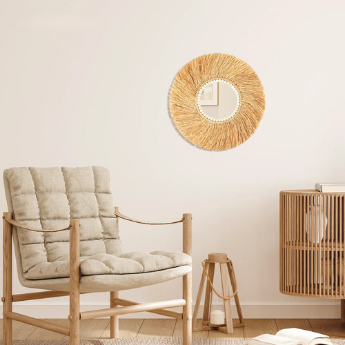 miroir décoratif en perles de bois fait main style bohème - vue 3 sur 7