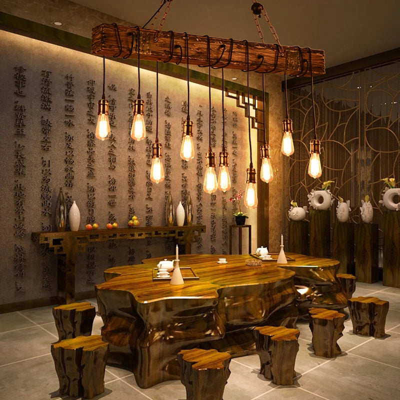 lustre rétro en bois style industriel pour café et restaurant - vue 4 sur 24
