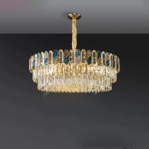 plafonnier led art déco en cristal doré et acier inoxydable - vue 3 sur 18