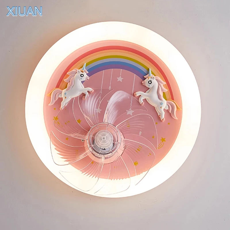 Creative LED Ceiling Light with Fan Pink Princess Children's Room Bedroom Ceiling Fan Resin Unicorn Rainbow Remote Control 220V - vue 5 sur 7