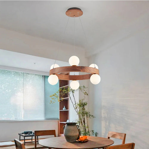 lustre rond en noyer avec ampoules en verre led moderne - vue 4 sur 9