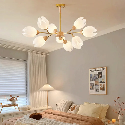 lustre nordique en bois avec lumière en forme de fleur - vue 4 sur 9