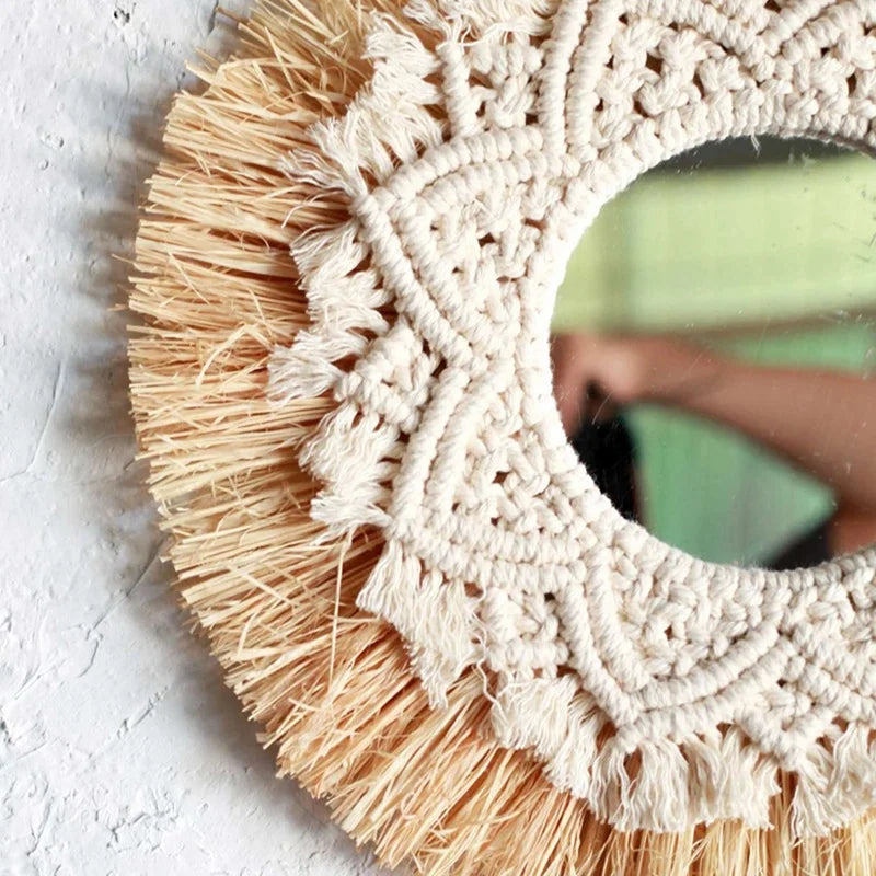 miroir tissé à la main décoration murale boho nordique décorateur - vue 3 sur 6
