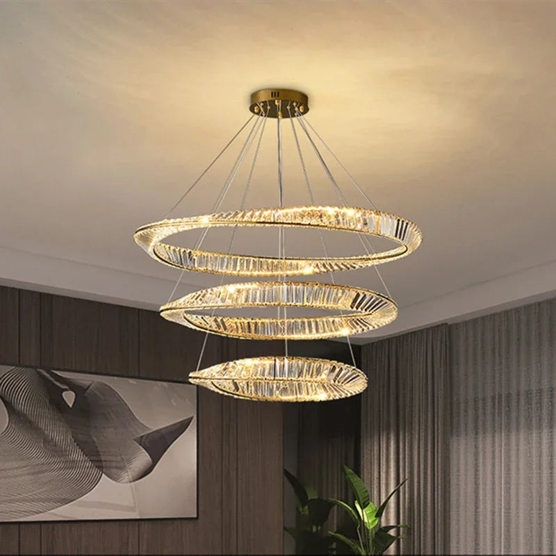 lustre moderne en cristal led avec anneau en acier décoratif