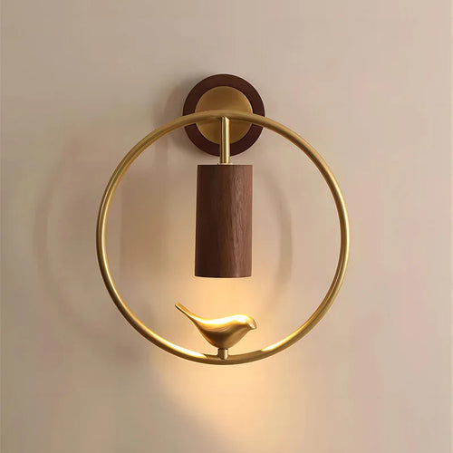 Walnut Wood Circle Brass bird, Wabi-sabi Modern style, Wall Sconce light for Bedroom, Bedside, Living, Recreation, Study - vue 5 sur 8