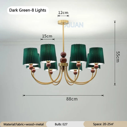 lustre led vintage américain en tissu plissé et bois wabi-sabi - vue 12 sur 12