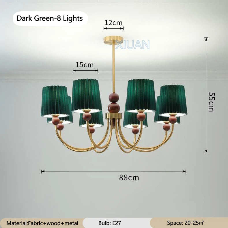 lustre led vintage américain en tissu plissé et bois wabi-sabi - vue 11 sur 12