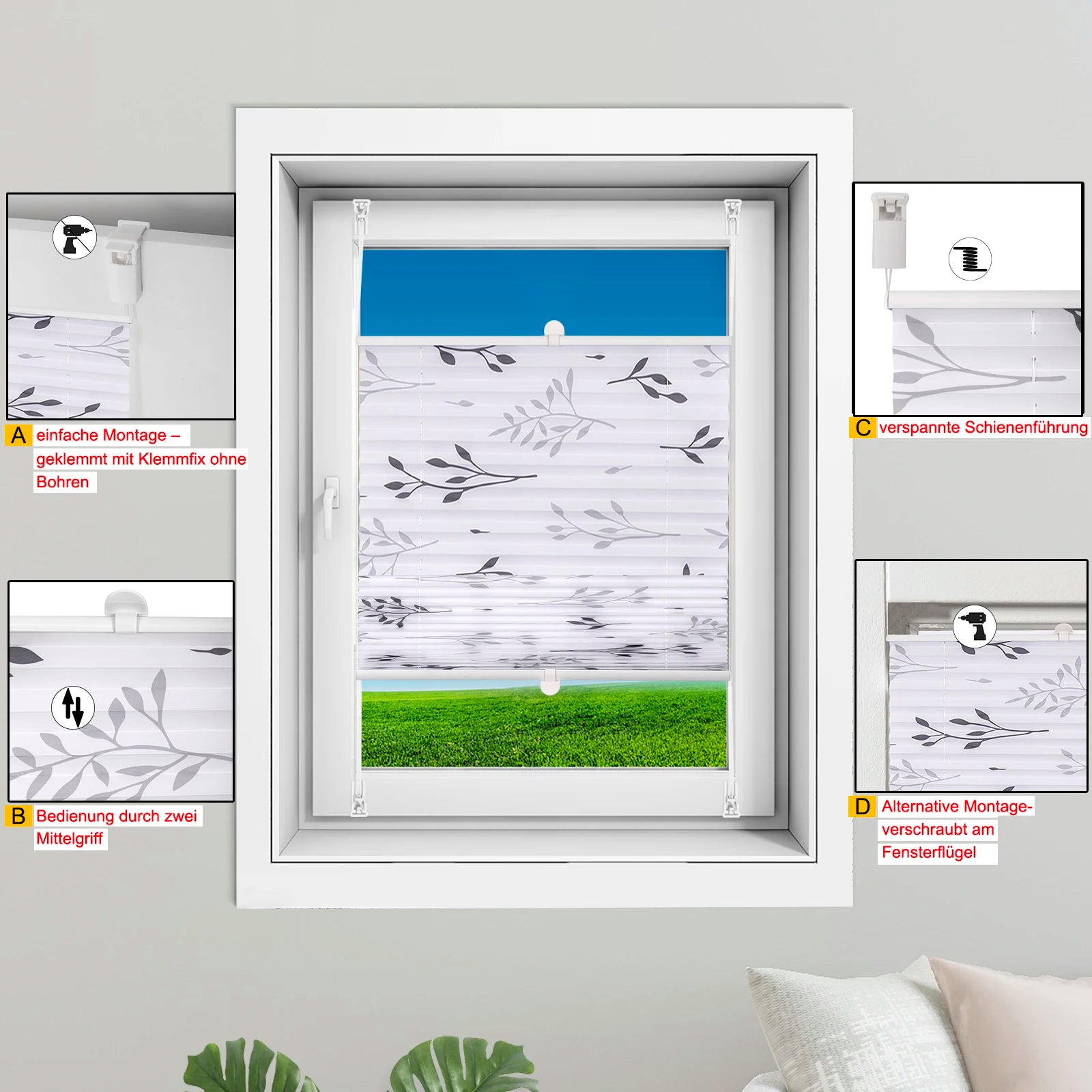 Store plissé motif branches sans perçage fenêtre intérieur - vue 4 sur 6