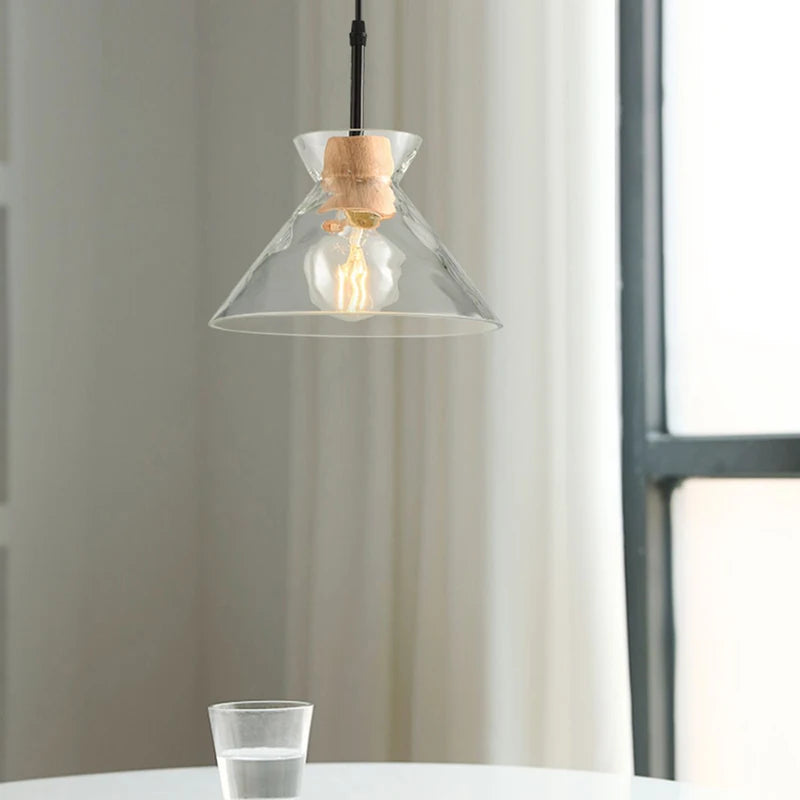 lampes suspendues nordiques en verre et bois led décoratives - vue 2 sur 9