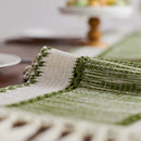 Chemin de table rayé bohème beige pompons tissés