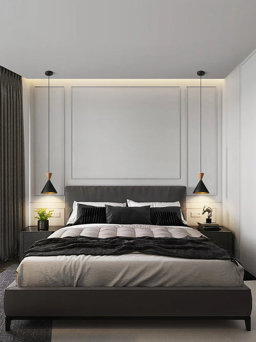 Modern and Minimalist Master Bedroom Bedside Pendant Light, Personalized and Luxurious All Copper Walnut Bar Hanging Line Light - vue 4 sur 10