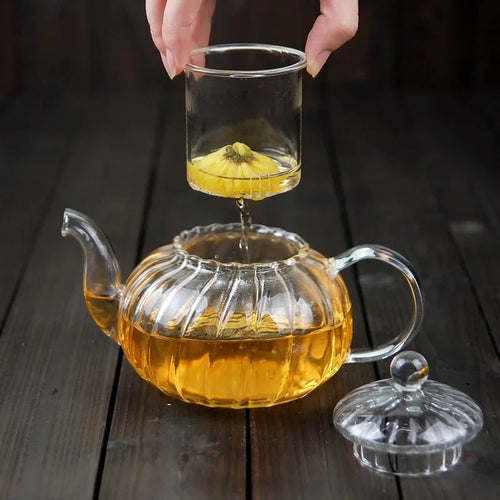 théière verre citrouille rayée filtre floral résistante chaleur - vue 4 sur 6