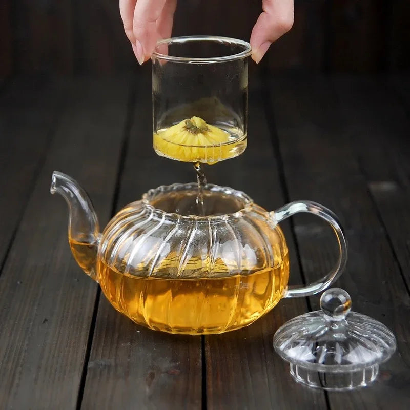 théière verre citrouille rayée filtre floral résistante chaleur - vue 3 sur 6