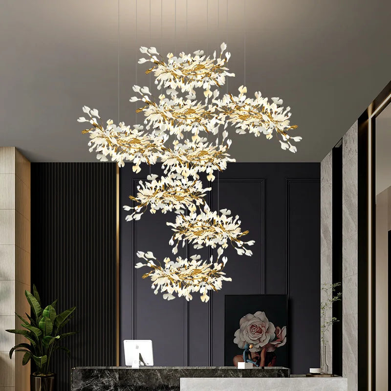 Ginkgo feuille cage d'escalier long lustre lumière atmosphérique villa de luxe duplex bâtiment loft hall d'hôtel lampes d'art créatives - vue 4 sur 20