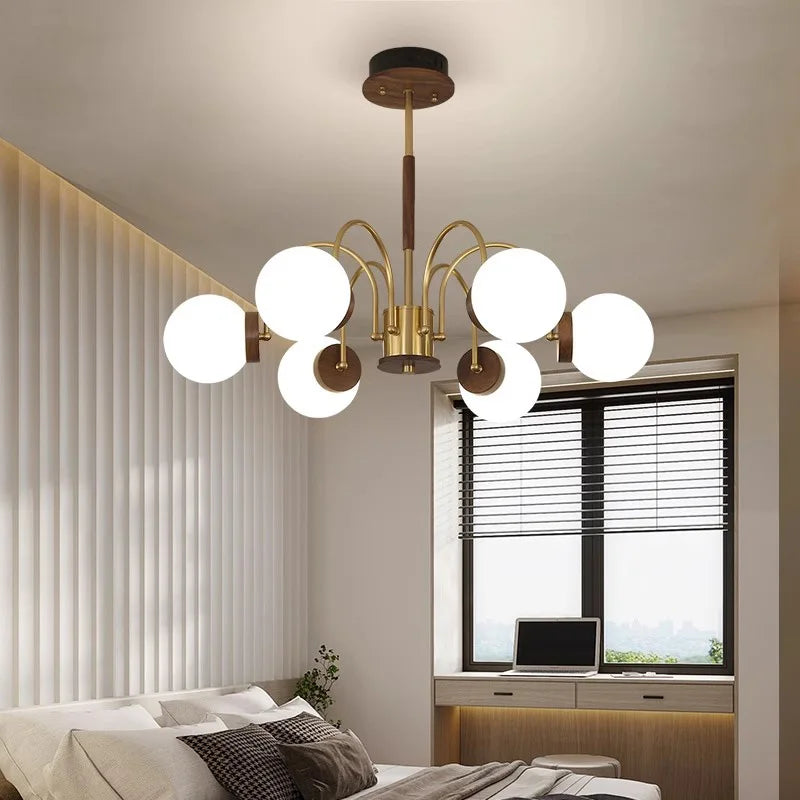 Walnut Wood chandelier lights, Wabi-sabi Modern style, Living Room lighting for Bedroom, Bedside, Living, Dining Room, Showcase - vue 4 sur 9