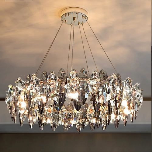lustre moderne en cristal avec led et suspensions ronds - vue 2 sur 12
