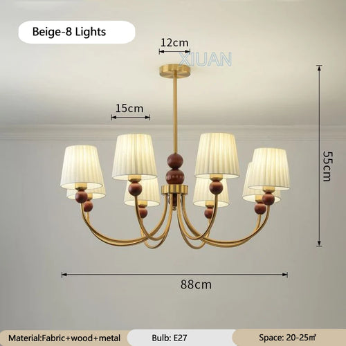 lustre led vintage américain en tissu plissé et bois wabi-sabi - vue 9 sur 12