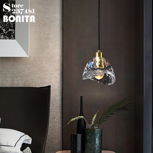 suspension en cristal k9 design brillant en laiton forme diamant - vue 3 sur 8