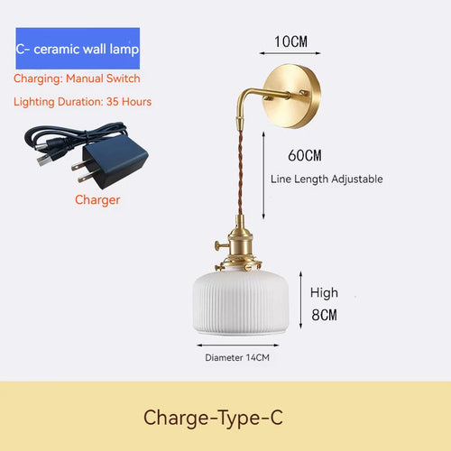 applique murale rechargeable en céramique avec interrupteur rotatif style vintage - vue 2 sur 21