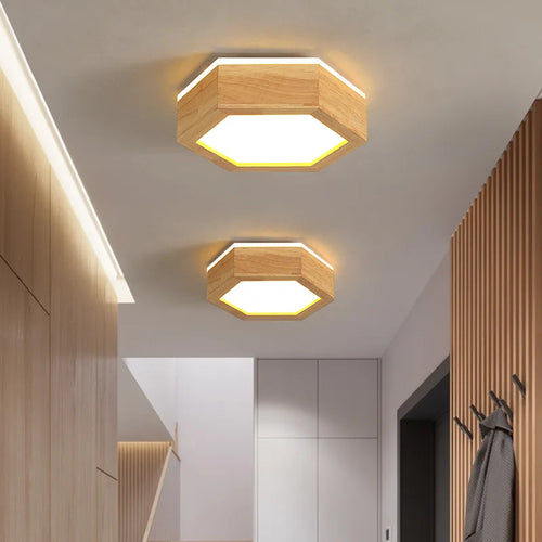 plafonnier en bois design moderne hexagonal avec éclairage LED - vue 2 sur 11