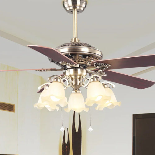 plafonnier ventilateur en bois rétro avec lumière et télécommande - vue 4 sur 7