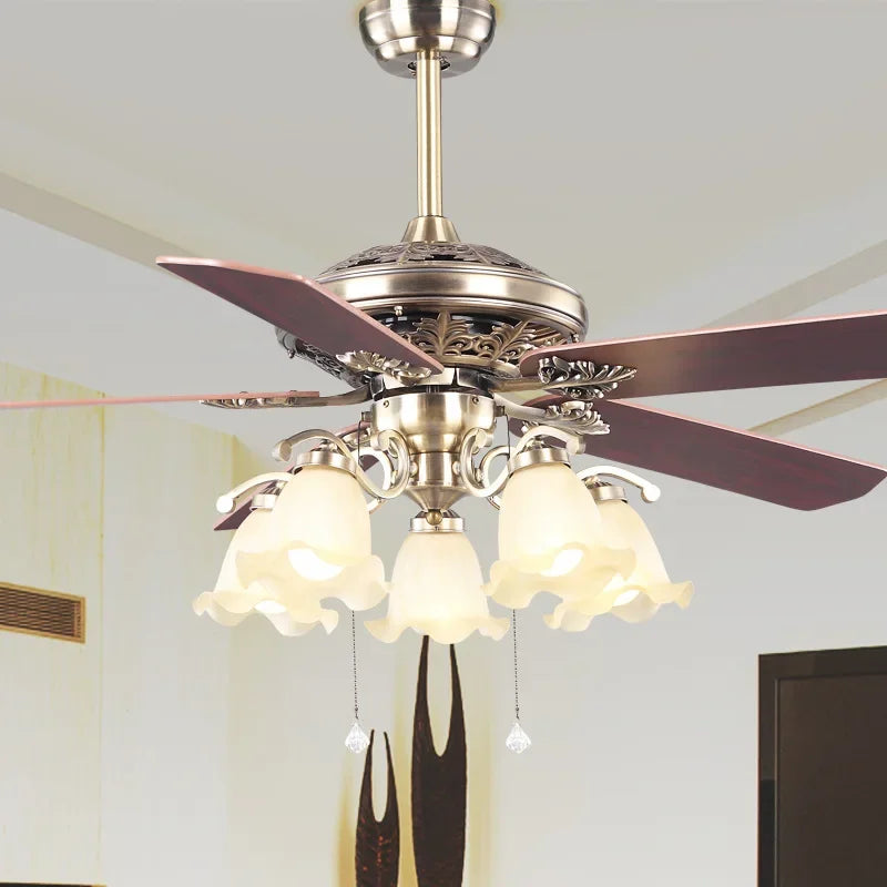 plafonnier ventilateur en bois rétro avec lumière et télécommande - vue 4 sur 7
