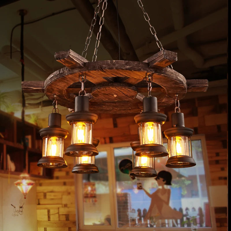 Lustre rétro en bois massif pour salle à manger Bar LOFT bois diverses formes Suspension décor intérieur Luminaire - vue 5 sur 24