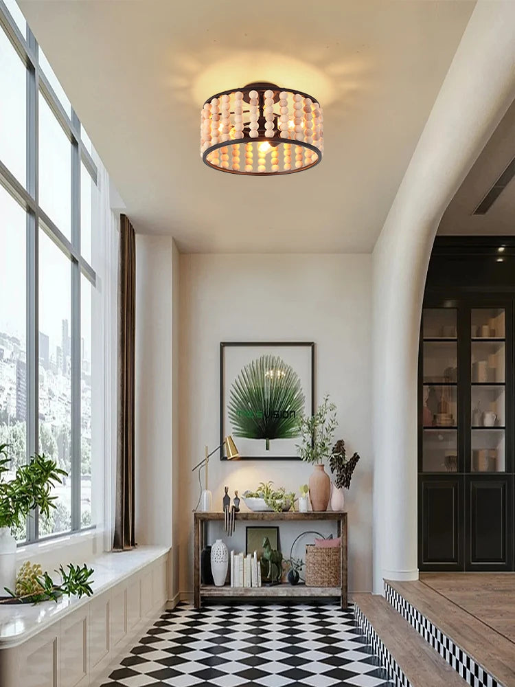 plafonnier en perles de bois fait main style vintage pour intérieur chaleureux - vue 3 sur 7