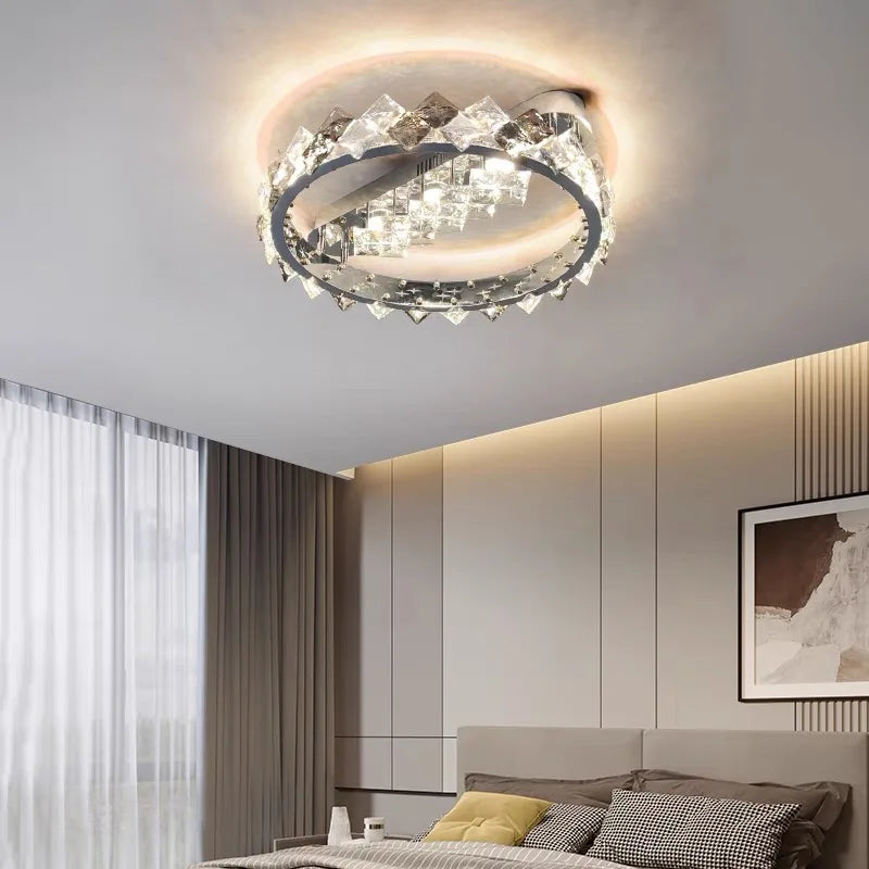 lustre moderne en acier inoxydable chrome avec éclairage en cristal - vue 3 sur 10