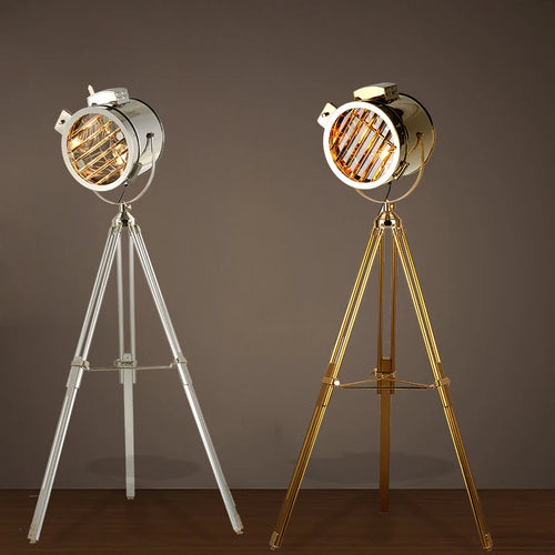 lampadaire trépied rétro industriel en bois argenté doré créatif - vue 3 sur 9