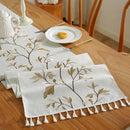 Chemin de table coton lin brodé fleuri pompons