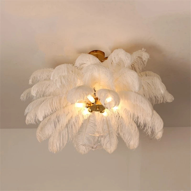 luminaire suspendu luxe plume d'autruche led style nordique - vue 5 sur 13
