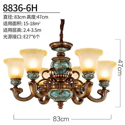 European style bedroom light, living room resin chandelier, LED glass and iron art chandelier - vue 8 sur 12