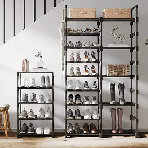 étagère à chaussures en métal double rangée avec crochets polyvalente - vue 3 sur 9