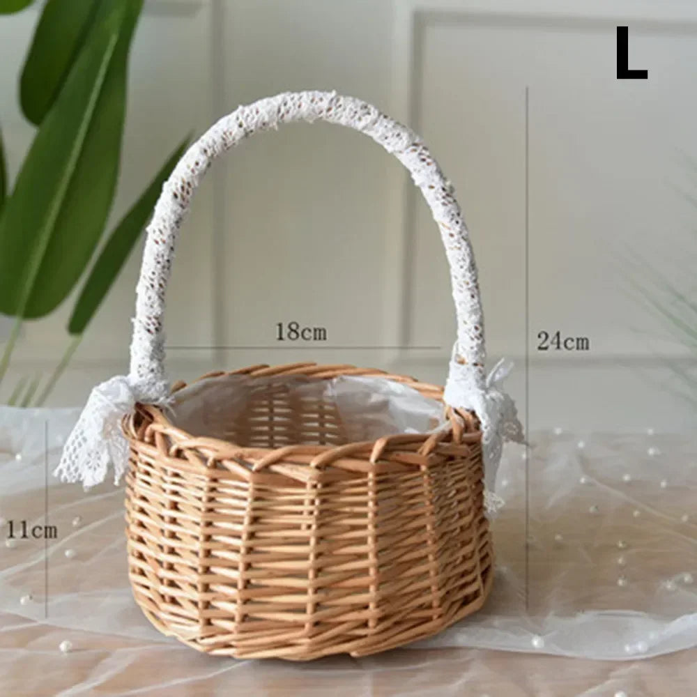 panier en rotin naturel tissé à la main pour mariage décoratif avec dentelle - vue 5 sur 7