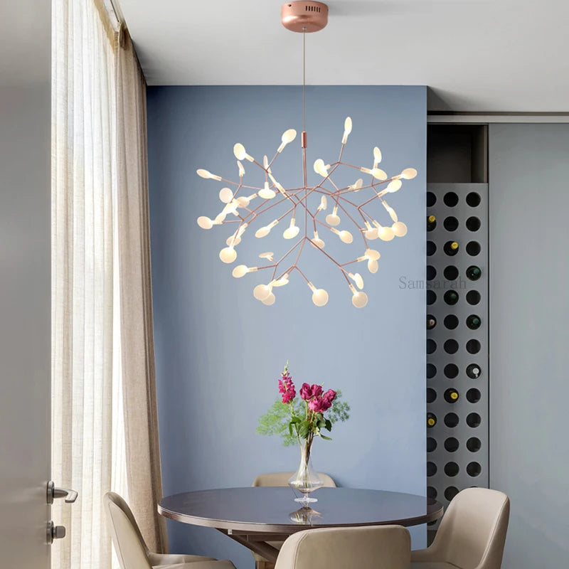 2024 Nordic Hanging Living Room Chandelier Large Modern Kitchen Firefly Lamp Rose Gold Black Branch Round Chandelier Lighting - vue 4 sur 9