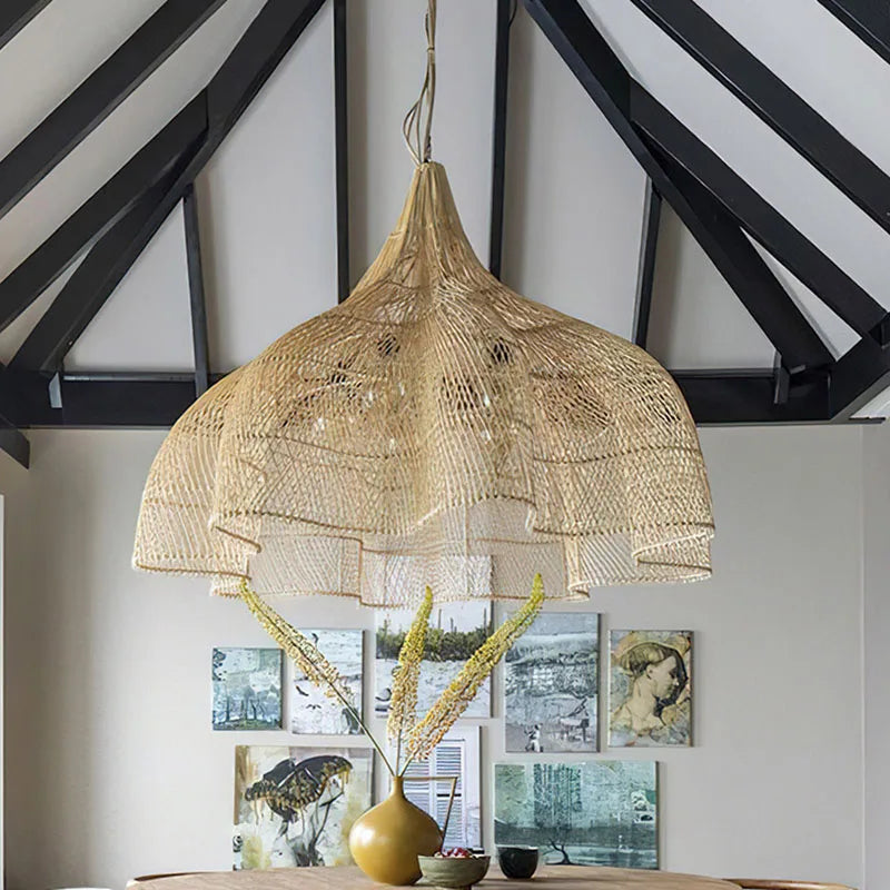 lampe suspendue rotin pétales main salon cuisine décor - vue 4 sur 13